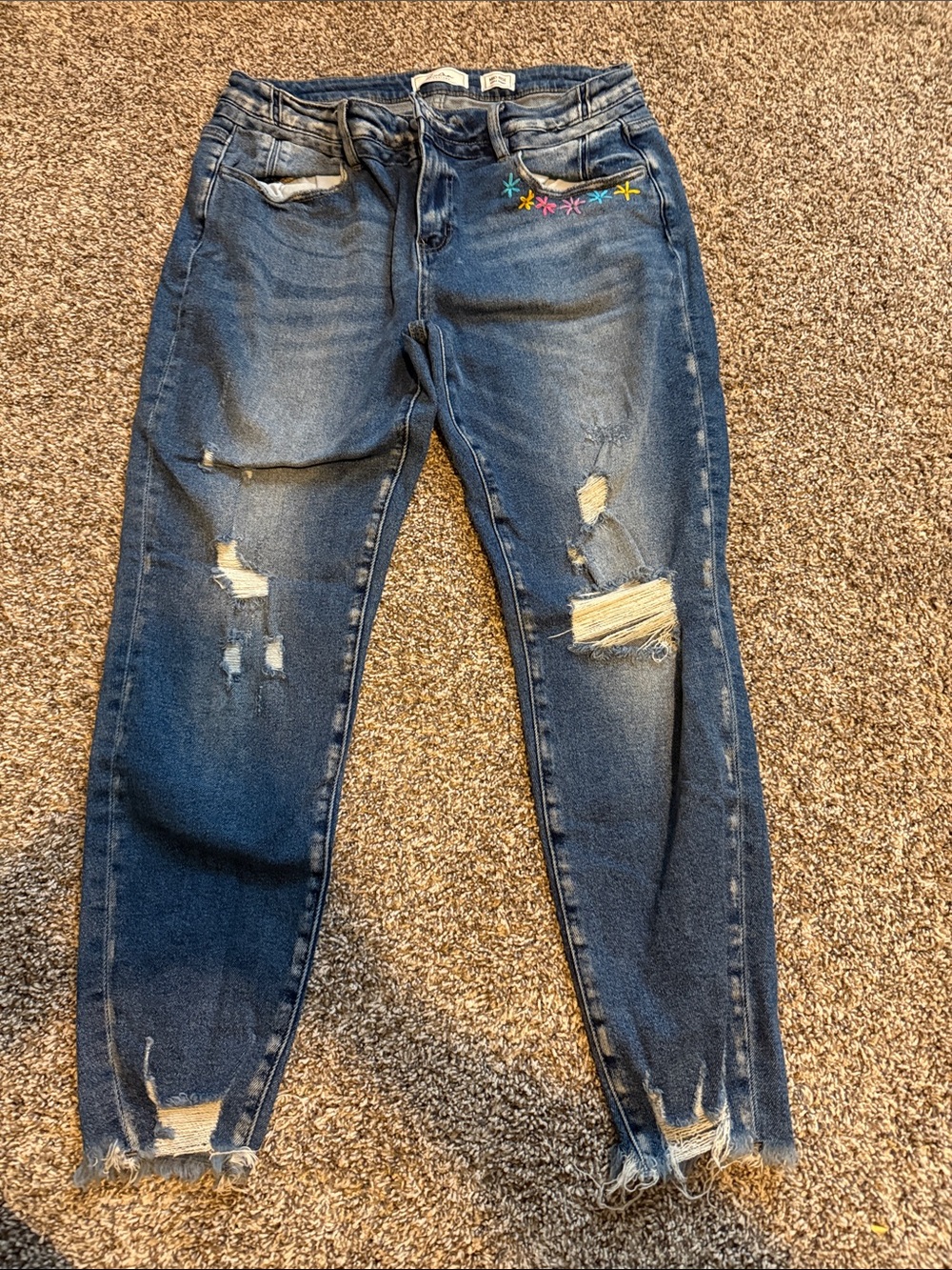 Mid Rise Dark Blue Distressed Women’s Jeans with Embroidered Detail